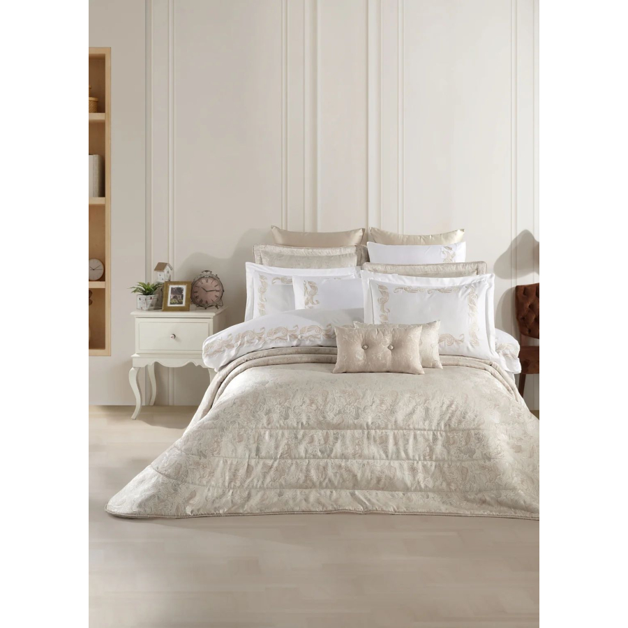 Набор постельного белья с вышивкой и жаккардовым покрывалом Dantela Vita - Angelina bej бежевый евро