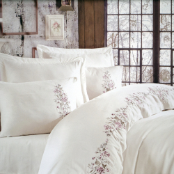 Постельное белье Dantela Vita сатин с вышивкой - Efsa krem кремовый евро, , 3