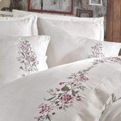 Постельное белье Dantela Vita сатин с вышивкой - Efsa krem кремовый евро, , 4