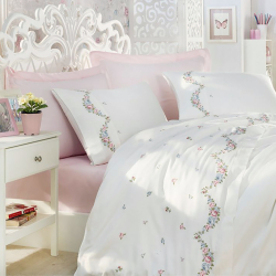 Постельное белье Dantela Vita сатин с вышивкой - Lara krem кремовый евро, , 3