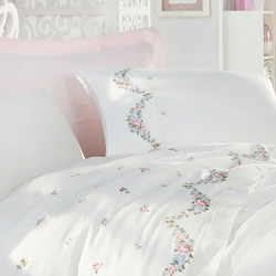 Постельное белье Dantela Vita сатин с вышивкой - Lara krem кремовый евро, , 5