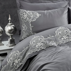 Постельное белье Dantela Vita сатин с кружевом - Valencia antrasit антрацит евро, , 5