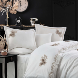 Постельное белье Dantela Vita сатин с кружевом - Safir krem кремовый евро, , 3