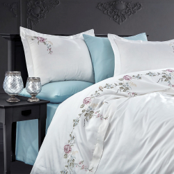 Постельное белье Dantela Vita сатин с вышивкой - Ruya krem кремовый евро, , 3