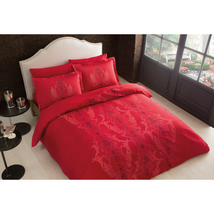 Постельное белье Tac сатин Delux - Mauna kirmizi v04 красный семейный