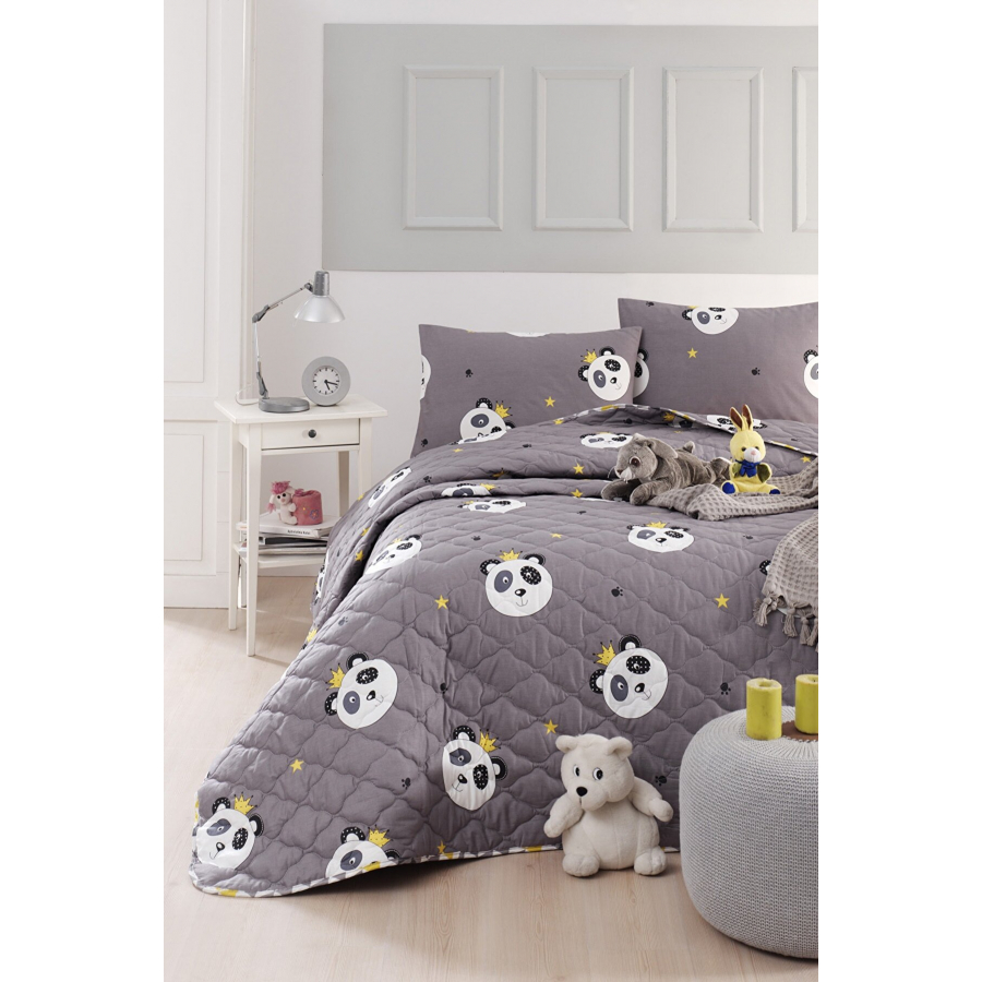 Покрывало стеганое с наволочками Enlora Home - Kral Panda Gri серый 240*225